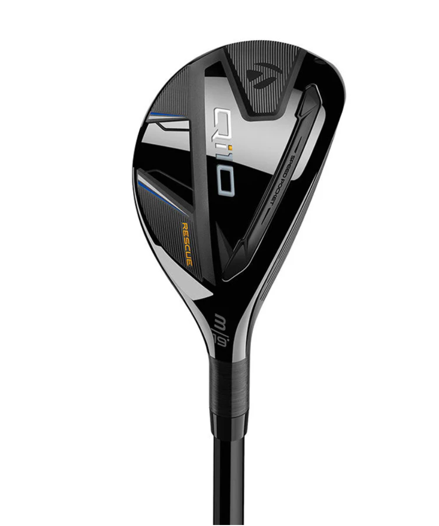 TaylorMade Qi10 rescue hybrid club head close-up on a white background