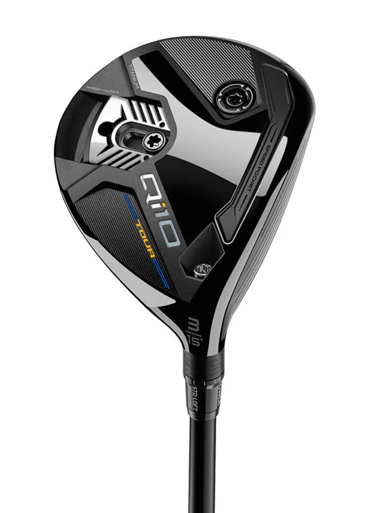 TaylorMade Qi10 Tour adjustable fairway wood 3-wood head on a white background