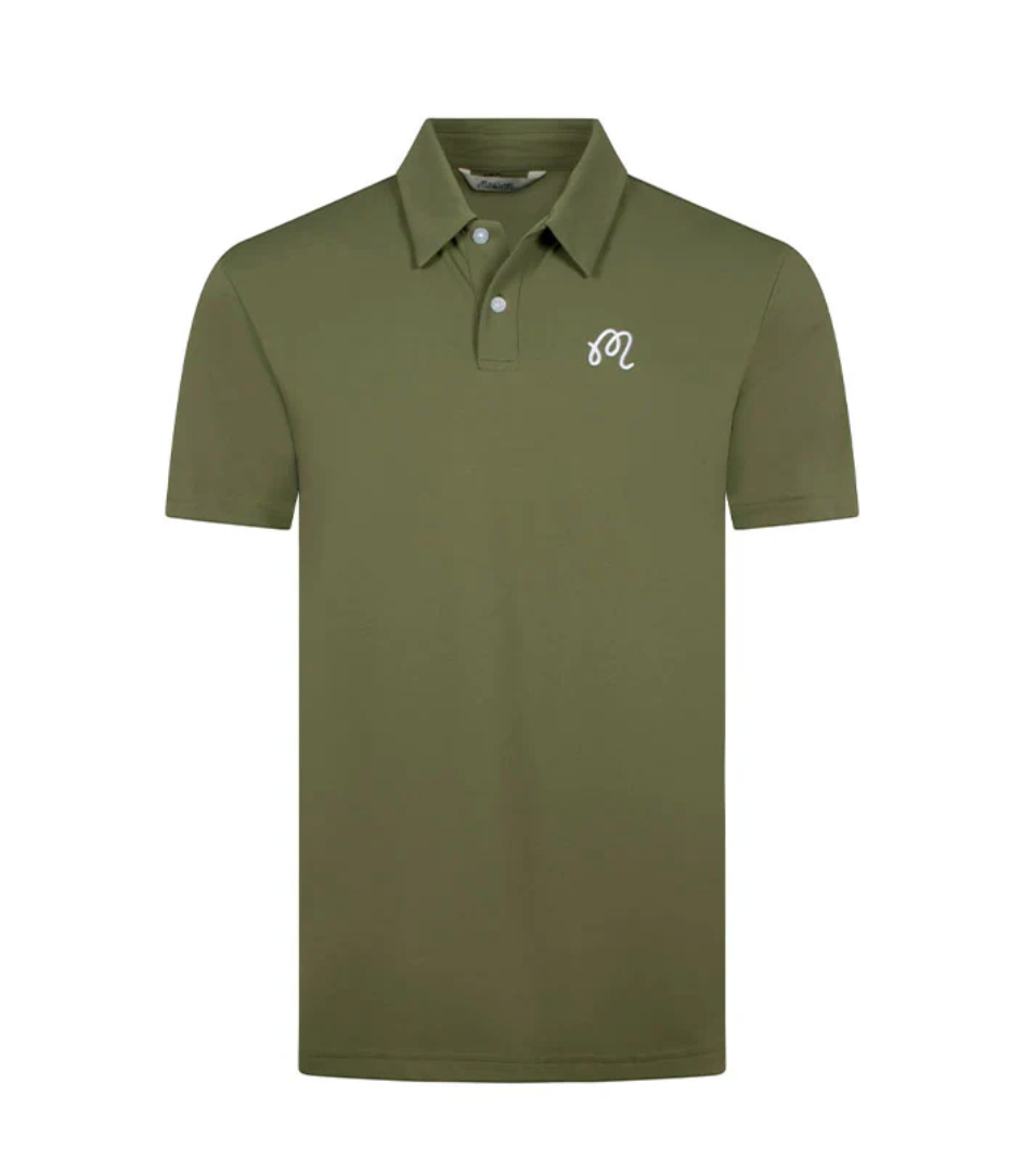 Malbon Golf script logo olive green polo shirt on a white background
