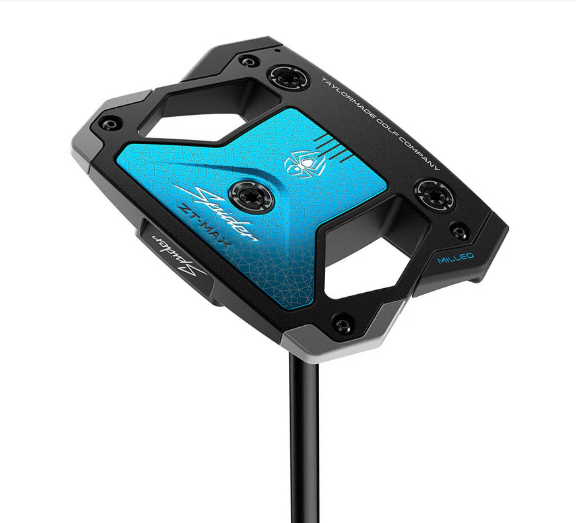 TaylorMade Spider ZT-MAX high-MOI mallet putter sole view in black and electric blue