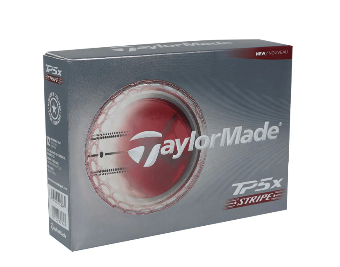 TaylorMade TP5x Stripe golf balls 12-pack box in grey and red