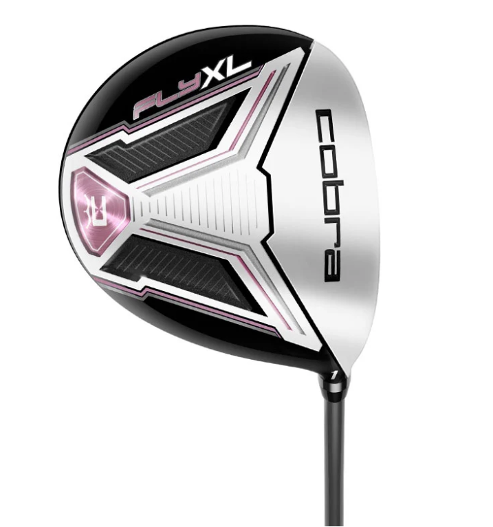 Cobra Fly-XL ladies driver head featuring a silver, black, and metallic pink sole design.