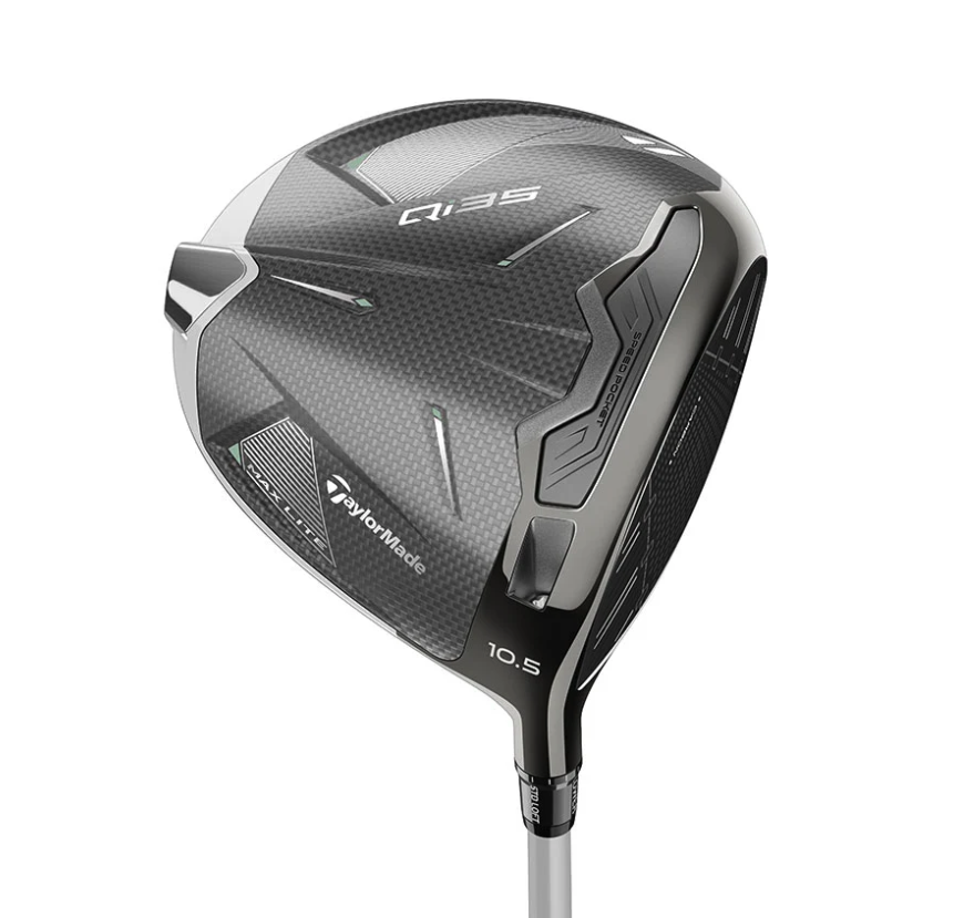 TaylorMade Qi35 Max Lite 10.5-degree driver head showing carbon fiber sole pattern, Speed Pocket technology, and subtle mint green accents.