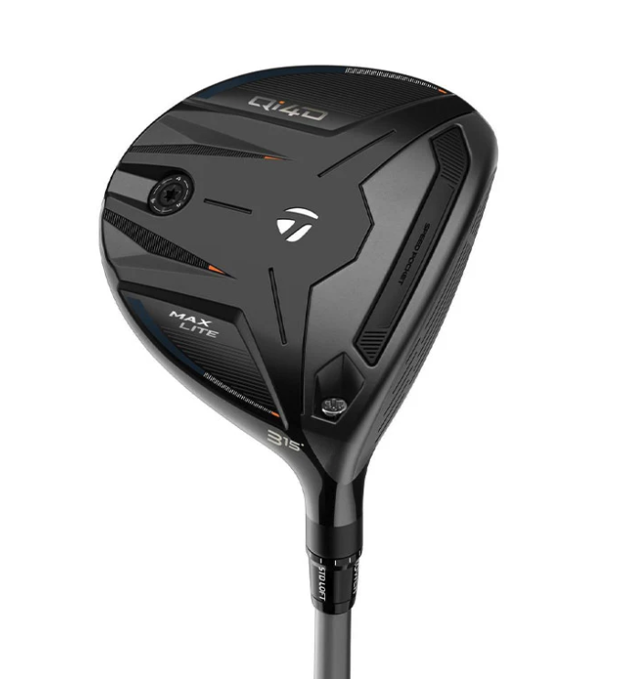 TaylorMade Qi10 Max Lite #3 15-degree fairway wood head featuring a matte black finish with subtle orange accents, Speed Pocket technology, and sole weighting.