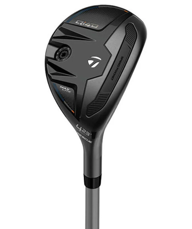 TaylorMade Qi10 Max Lite Rescue #4 23-degree hybrid clubhead featuring a matte black finish, subtle orange and blue accents, Speed Pocket technology, and sole weight.
