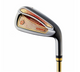 Majesty Prestigio ladies iron clubhead featuring intricate red and gold Japanese geometric patterns, gold crest logo, and a gold-accented shaft ring.