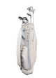 TaylorMade ladies complete golf package set featuring a white and light blue cart bag filled with driver, fairway woods, hybrids, and irons.
