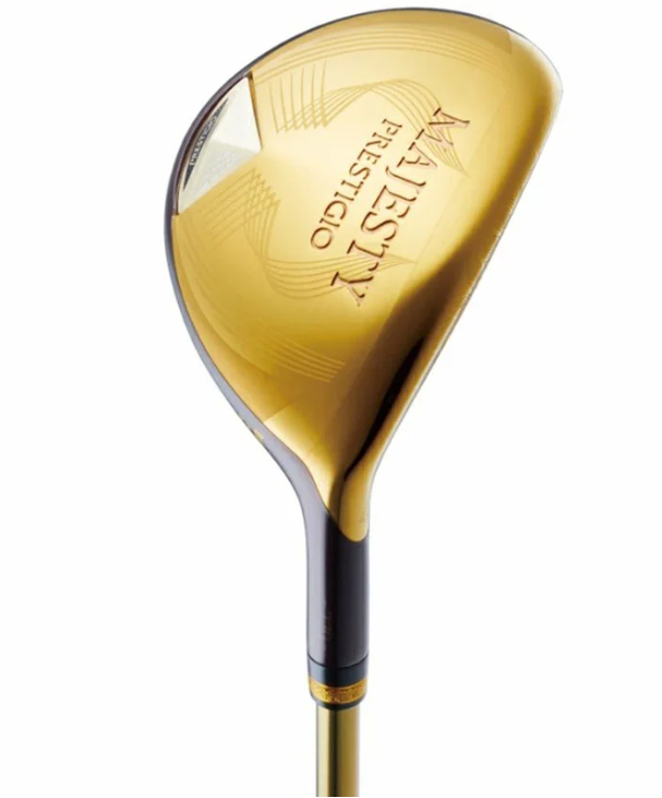 Majesty Prestigio gold hybrid clubhead featuring fine wave pattern laser etching and a polished gold finish.