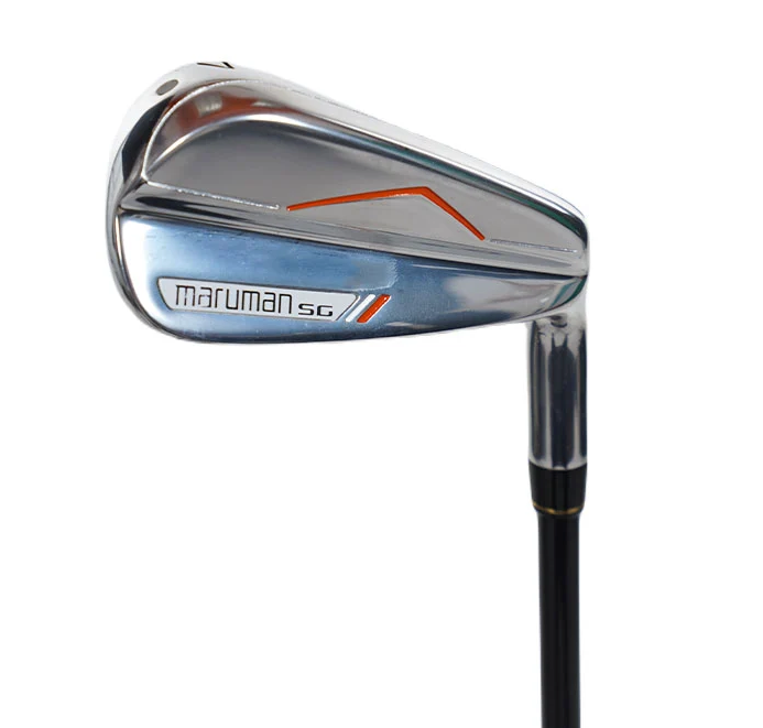 Maruman SG #7 iron clubhead featuring a polished chrome cavity-back design with subtle orange line accents.