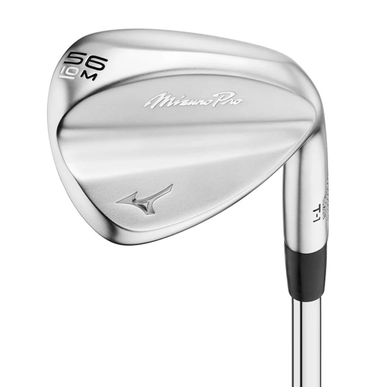 Mizuno Pro T-1 forged golf wedge head featuring a satin chrome finish, 56-degree loft, and 10-degree bounce M grind sole.