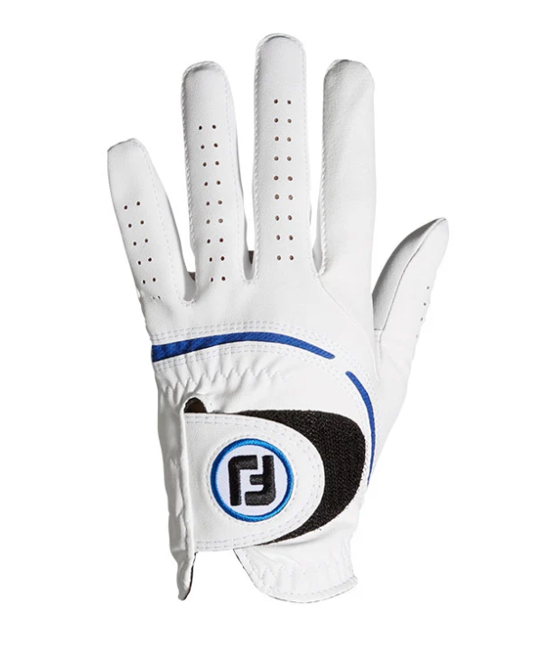 FootJoy WeatherSof white leather golf glove featuring blue piping accents, finger perforations, and a circular FJ logo closure tab.