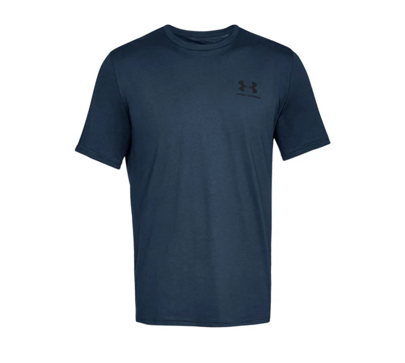 Under Armour men's short-sleeve crewneck t-shirt in navy blue with a small black UA logo on the left chest.