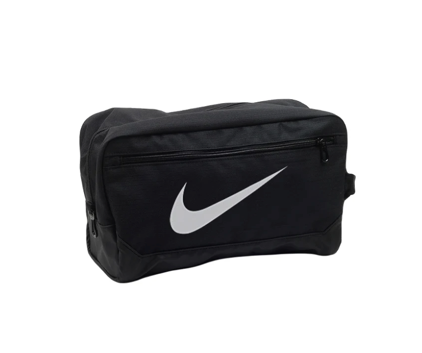 Nike black shoe tote bag featuring a large white Swoosh logo and a zippered front accessory pocket.