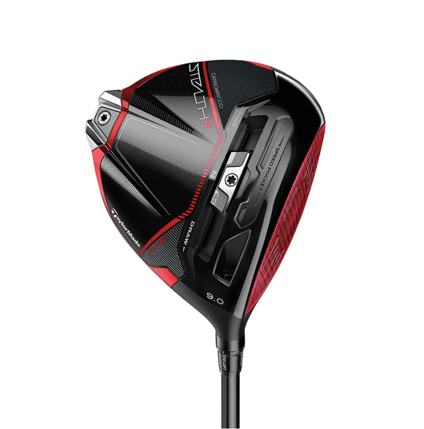 Sole view of a TaylorMade Stealth 2 Plus 9.0 degree driver featuring a red carbon face, sliding weight track, and Speed Pocket technology.