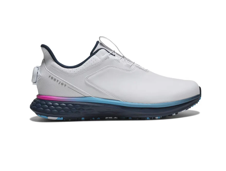 Side profile of a FootJoy FJ Pulse BOA golf shoe in white featuring heel dial closure, navy textured midsole, and pink to blue gradient accents.