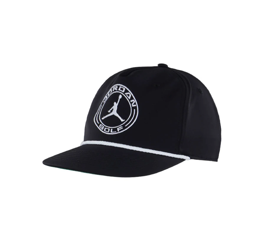 Black Jordan Golf rope cap featuring a embroidered white circular Jumpman logo on the front panel and a white accent cord across the visor.