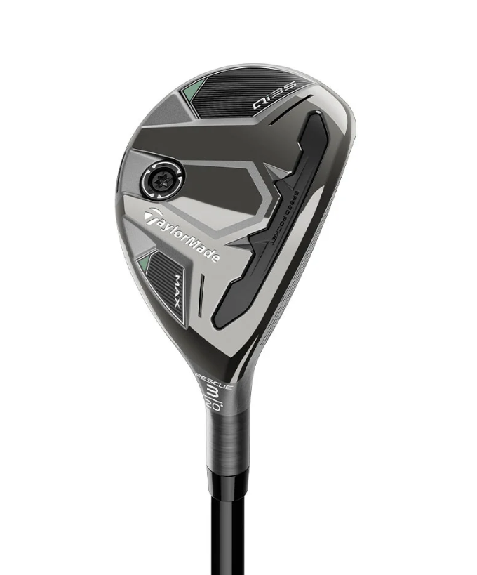Sole view of a TaylorMade Qi35 MAX Rescue 3-hybrid featuring a 20-degree loft, Speed Pocket slot, and adjustable weight port.