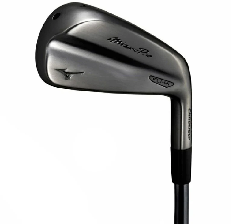 Mizuno Pro Fli-Hi black ion finished driving iron head showing the Runbird logo, script branding, FLI-HI badge, and Chromoly etching on the hosel.