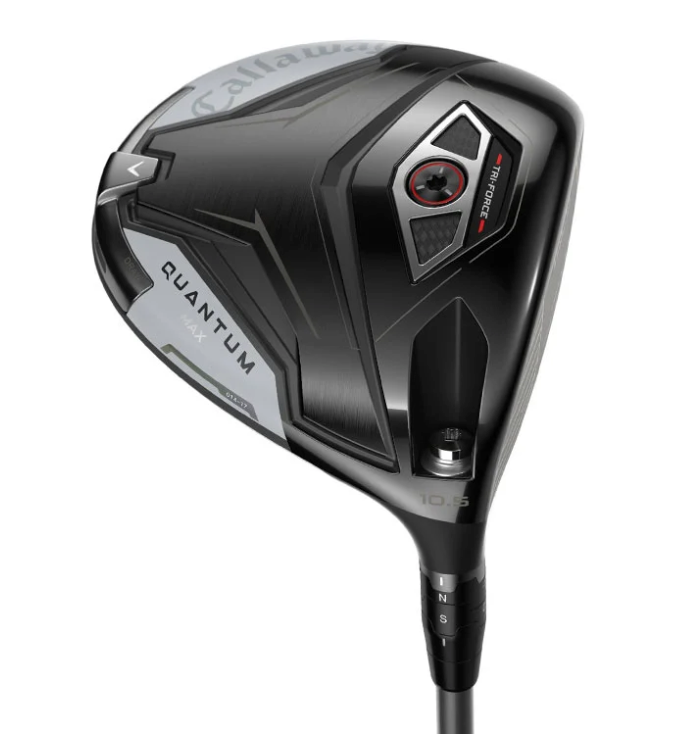 Sole view of a Callaway Quantum MAX 10.5 degree driver showing the Tri-Force sole weight, carbon paneling, and adjustable OptiFit hosel.