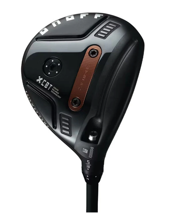 Sole view of an ONOFF Fairway Arms XCBT 5-wood showing the bronze Cross Balance Technology weight strip, black finish, and adjustable hosel marked 18 degrees.