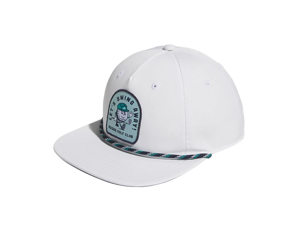 adidas Golf white rope cap featuring a front patch with a cartoon golf ball character and the text "LET'S SWING AWAY! ADIDAS GOLF CLUB", complete with a decorative patterned rope accent across the flat brim.