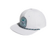 adidas Golf white rope cap featuring a front patch with a cartoon golf ball character and the text "LET'S SWING AWAY! ADIDAS GOLF CLUB", complete with a decorative patterned rope accent across the flat brim.