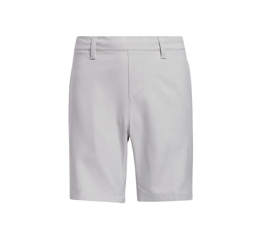 Front view of light grey junior golf shorts featuring a clean waistband with belt loops and side slash pockets.