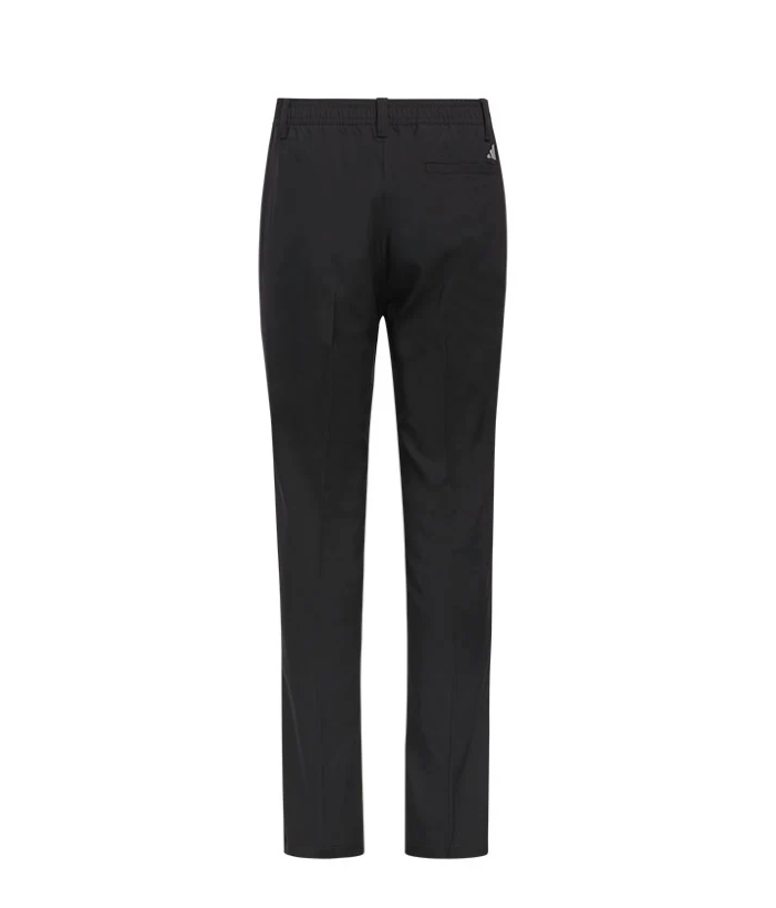Rear view of adidas junior black golf pants featuring an elasticized waistband with belt loops, a right back pocket, and a small reflective adidas logo above the pocket.