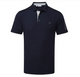 Calvin Klein Golf men's short-sleeve navy blue polo shirt featuring contrast grey inner collar lining and inner placket detailing, three-button closure, embroidered "CK" logo on the left chest, and vertical Calvin Klein branding on the left sleeve.