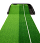 Perspective view of an indoor golf putting practice mat with dual-tone artificial turf, white alignment guide line, inclined ramp, dual target cups, and an automatic gravity ball return track.