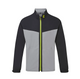 Front view of a FootJoy HydroLite men's full-zip waterproof golf rain jacket in black and light grey with a stand-up collar and high-visibility neon lime green zipper.