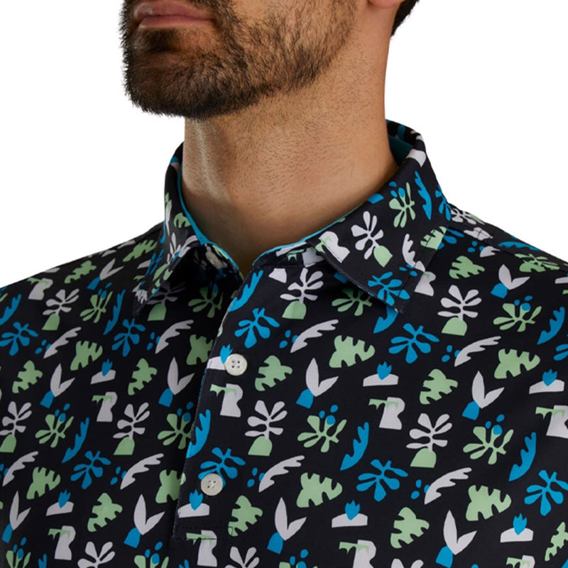 FOOTJOY Jungle Leaves Lisle Men's Polo (Black/White/Pool)