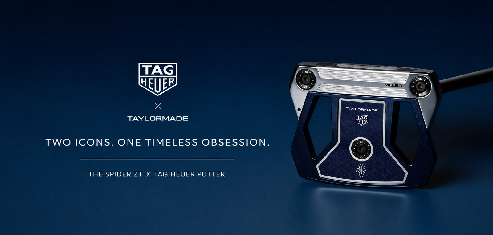 TaylorMade x Tag Heuer putter, featuring a dark blue and silver putter head with white branding. The image includes the logos for Tag Heuer and TaylorMade at the top, and descriptive text at the bottom on a dark blue gradient background.